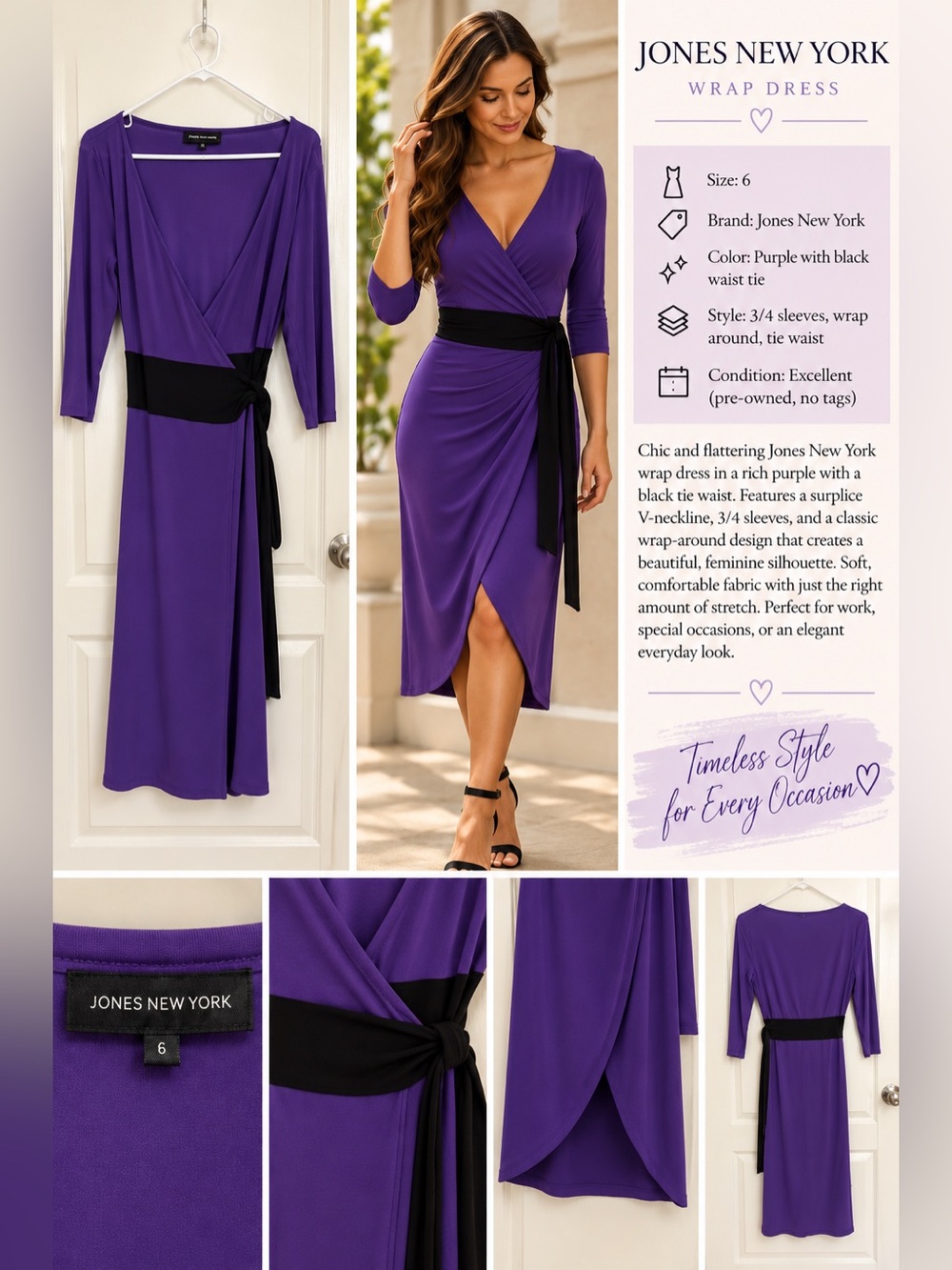Jones New York Purple Wrap Dress with Black Waist Tie